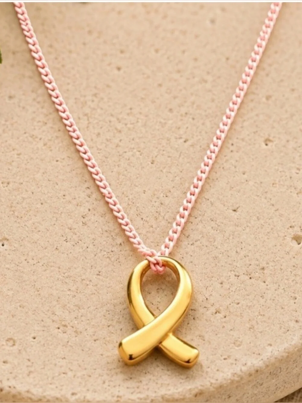 Plunder Courage Necklace Gold Ribbon Pendant Pink Chain Breast Cancer Awareness